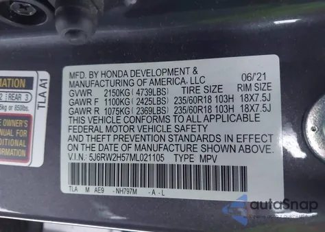 2021 Honda Cr-V Awd Ex из США, поврежденный, VIN 5J6RW2H57ML021105